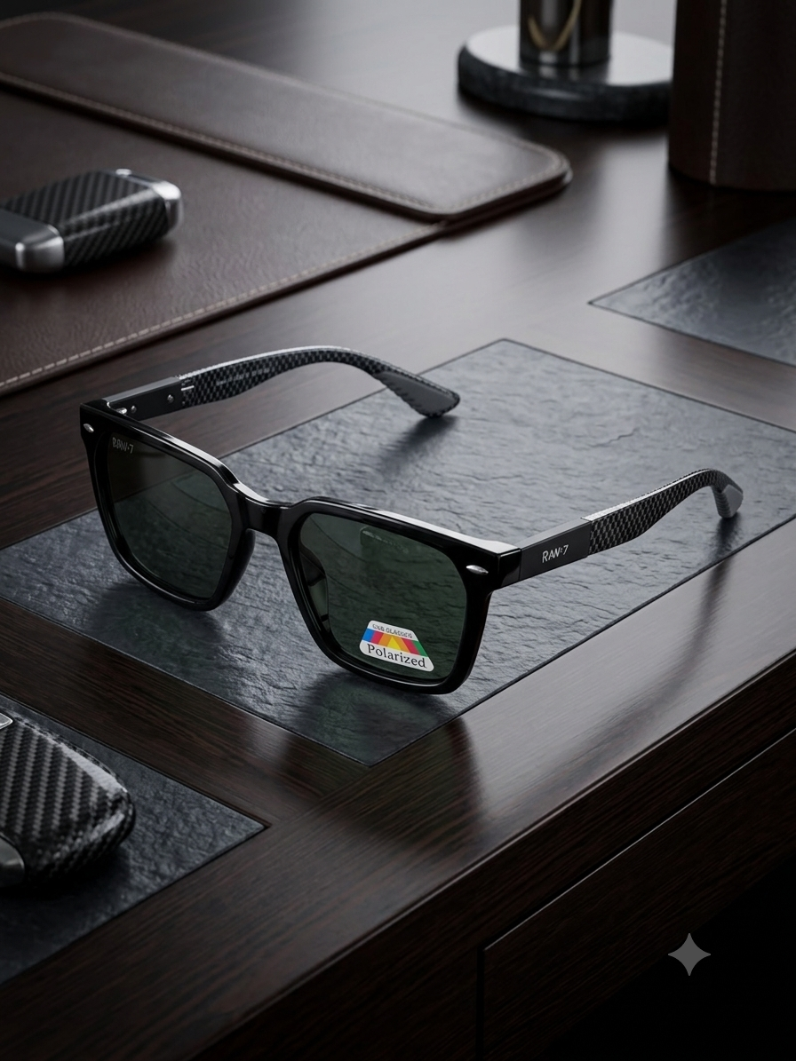 Premium Polarized Black Square Sunglasses for Men | Carbon Fiber Style Temples | UV400 Protection