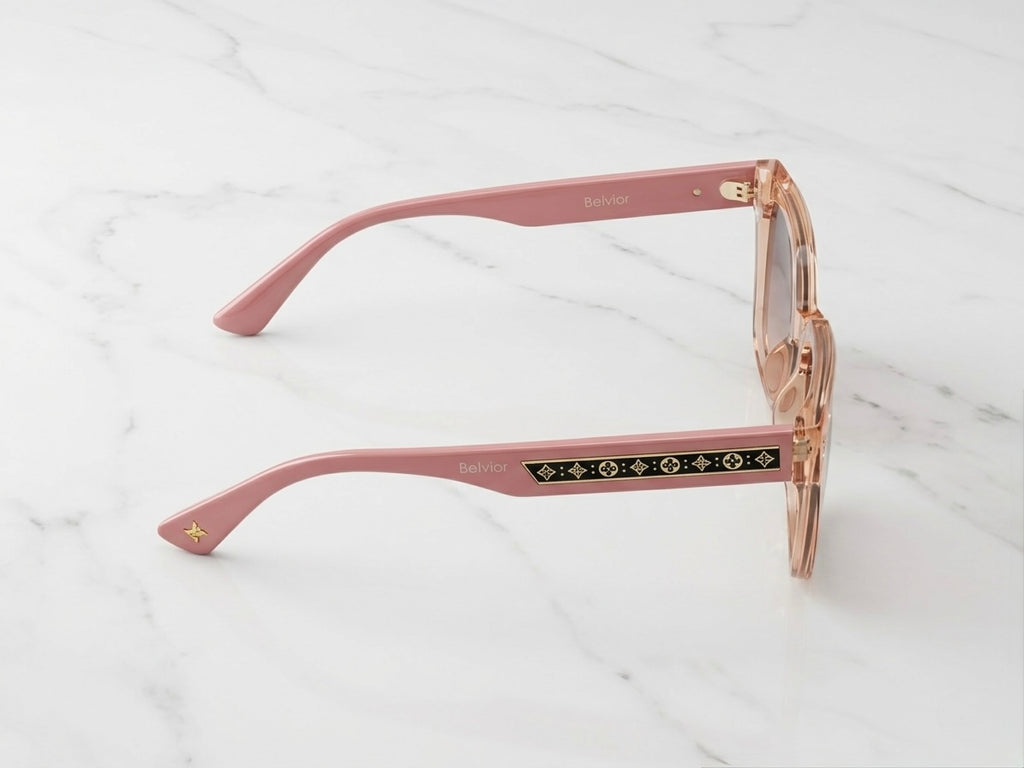 Belvior Luxury Women’s Sunglasses - Transparent Peach & Gold Monogram