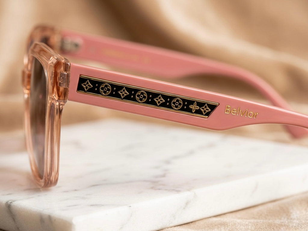 Belvior Luxury Women’s Sunglasses - Transparent Peach & Gold Monogram