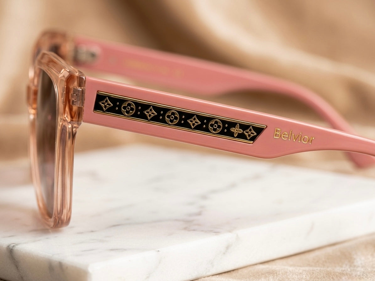 Belvior Luxury Women’s Sunglasses - Transparent Peach & Gold Monogram