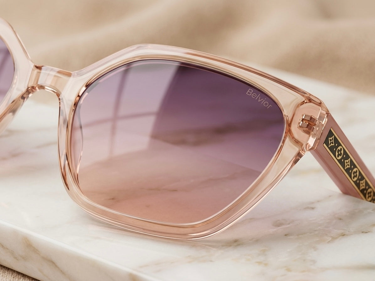 Belvior Luxury Women’s Sunglasses - Transparent Peach & Gold Monogram